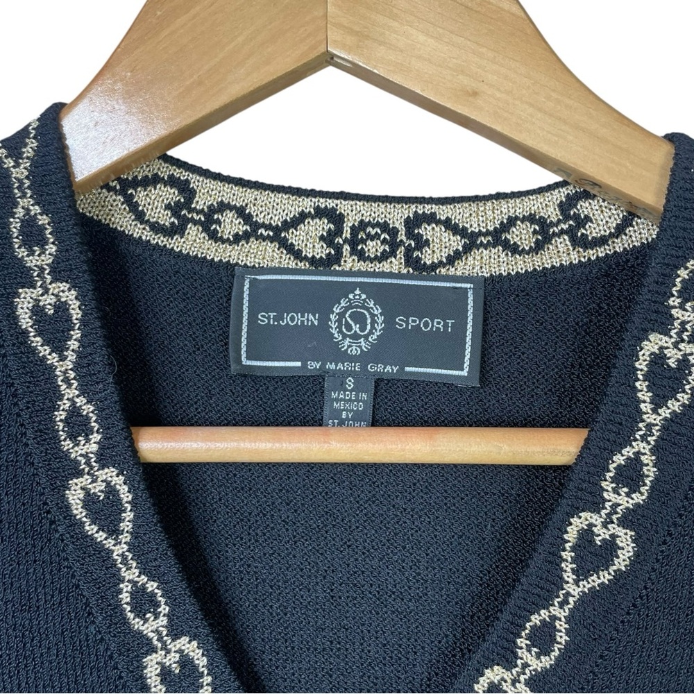 St John Sport By Marie Gray Women Sweater black V neck gold embroidered clock S - Picture 4 of 10